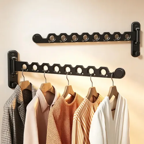 Vista 10 de Estante de Secado de Ropa, Tendedero de Ropa Retráctil y Plegable para Montaje en Pared para Interior, Estante de Colgar Ropa Ahorrador de Espacio