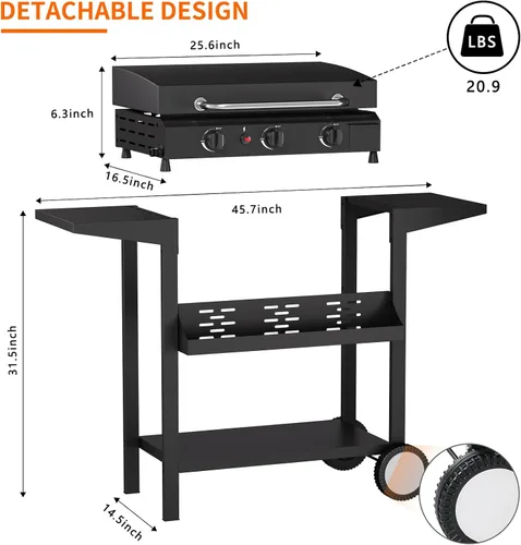 Vista 7 de SKOK Parrilla de gas de 3 quemadores con campana, parrilla de propano para exteriores de 25.6 pulgadas, parrilla de gas portátil con parte superior