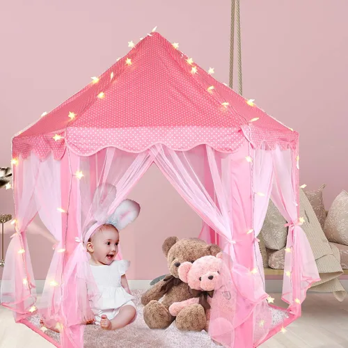 Vista 6 de Tienda de campaña de princesa con luces LED de estrellas, tienda de campaña para niñas, casa de juegos grande para niñas, regalos de juguete