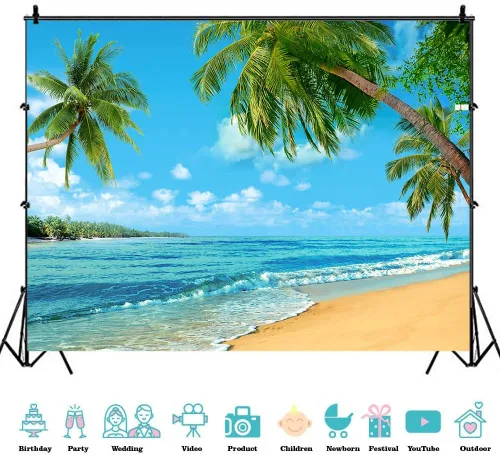 Vista 2 de Fondo de fotos de verano tropical de playa de Hawaii, 7 x 5 pies, palmera, viaje de vacaciones, cielo azul, vacaciones, niño, niña, adulto, retrato