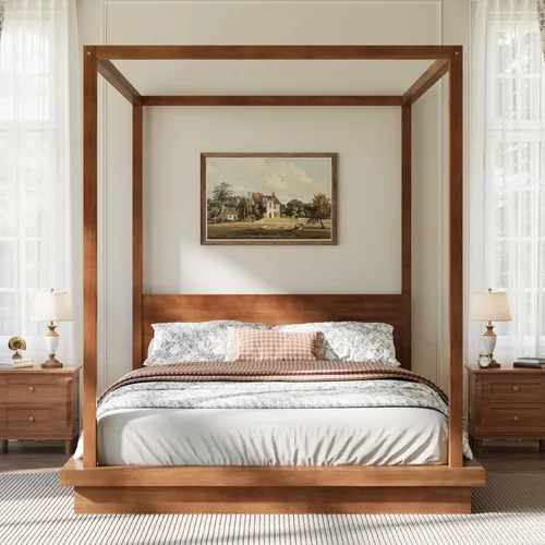 Vista 55 de Cama de plataforma con dosel de 4 pósteres de tamaño matrimonial con cabecero de listones verticales Negro-8.1