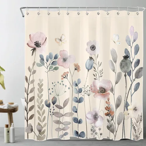Vista 29 de Cortina de ducha con diseño bohemio de plantas y flores de acuarela sobre fondo beige, cortina de ducha de baño con hojas naturales, cortina
