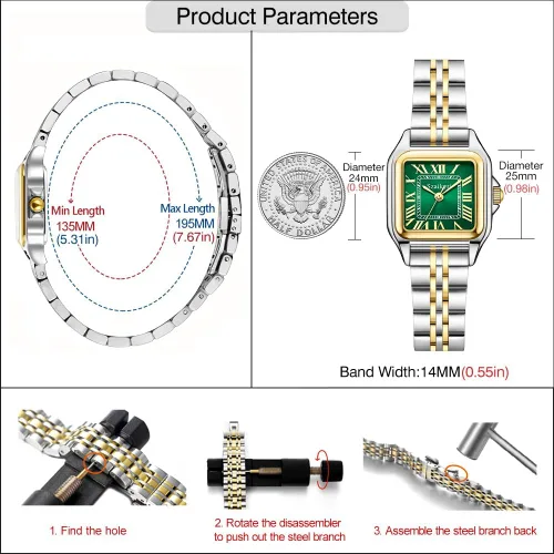 Vista 6 de Classic Relojes cuadrados de mujer con números romanos, de vestir, informal