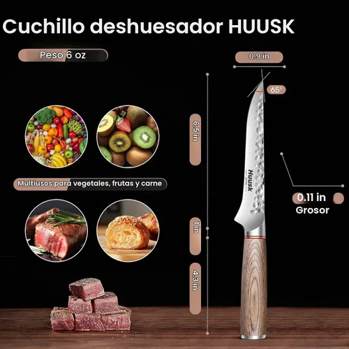 Vista 2 de Huusk - Cuchillo deshuesador para cortar carne con mango ergonómico de madera de Pakka