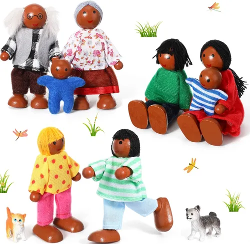 Vista 9 de Skylety 10 piezas de set de casa de muñecas de madera con figuras de mini personas, muñecas para casa de muñecas, figuras de madera para jugar