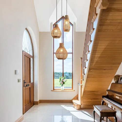 Vista 4 de Lámpara colgante de ratán de 3 luces, estilo bohemio, tejido de mimbre, costero, para colgar en el techo, para cocina, isla, sala de estar, comedor