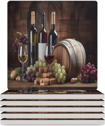 Vista 52 de 4 posavasos de vino tinto, cuadrados y modernos posavasos absorbentes de cerámica, estilo de pintura al óleo, vintage, vino tinto, uvas, rosa