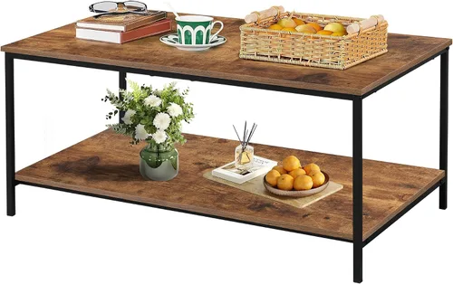Vista 8 de SENIG Mesa de café pequeña rectangular marrón de madera y metal con estante de almacenamiento para salas de estar pequeñas