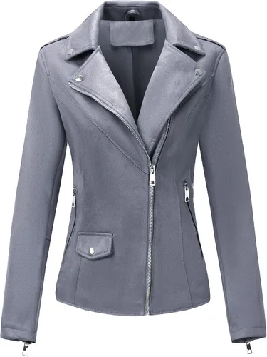 Vista 2 de Bellivera Chaqueta corta de piel sintética para mujer, con solapas, abrigo de gamuza para otoño, moda con microelástico