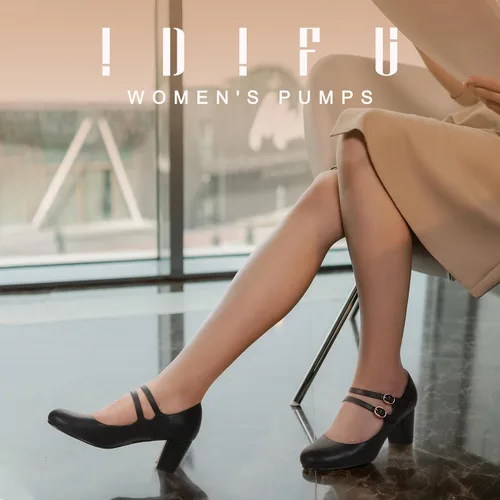 Vista 2 de IDIFU Zapatos de vestir para mujer, zapatos de tacón Mary Jane, tacón bajo, punta redonda, cerrada, boda, oficina, trabajo