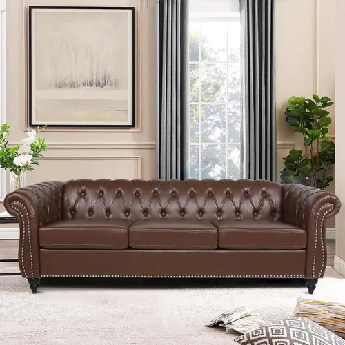 Vista 25 de LEVNARY Sillón Tapizado en Cuero, Silla Sofá Individual Estilo Mediados de Siglo Moderno con Brazos Curvos y Tachuelas, Silla Chesterfield de Cuero