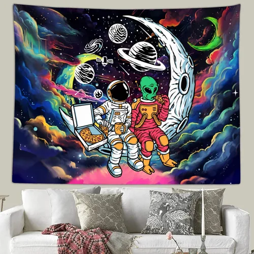 Vista 3 de Sanzugh Divertido tapiz alienígena de astronauta espacial para hombres y chicos, genial universo trippy planeta, tapices artísticos para colgar