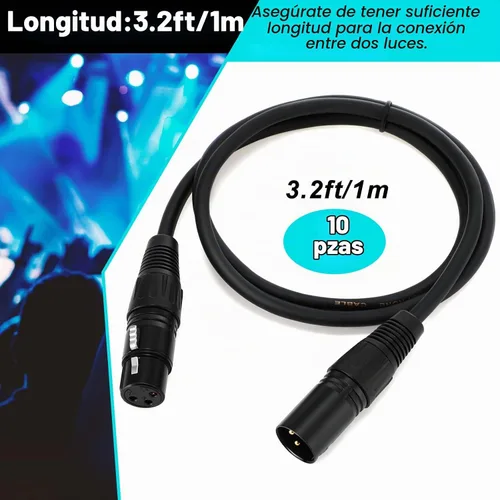 Vista 4 de Xuhal 10 cables de señal DMX flexibles de 3.2 pies de 3 pines, cables de señal DMX de 3.3 ft con conectores de metal, conexión XLR macho a hembra