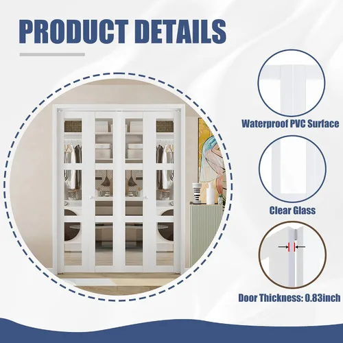 Vista 4 de BARNER HOME Puerta plegable, puerta de armario de cristal transparente de 3 lites, para apertura de 48 x 80 pulgadas, puertas plegables con kits