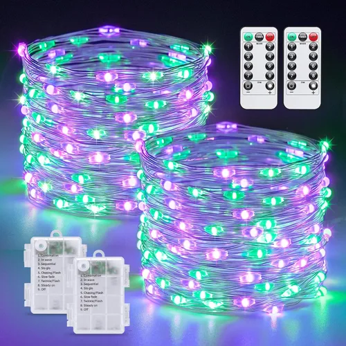 Vista 28 de JMEXSUSS Paquete de 2 Luces de Hadas Verdes a Batería, Total 200 LED 66 pies Luces de Cadena Parpadeantes con Control Remoto, 8 Modos de Luces
