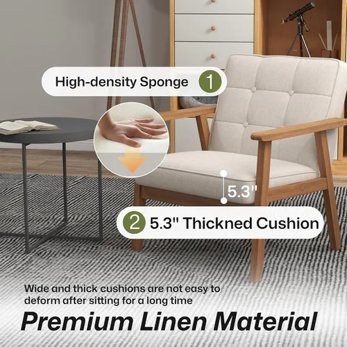 Vista 6 de Silla decorativa moderna con reposabrazos, silla de ocio tapizada de tela de lino con botón de respaldo y marco de madera para sala de estar, Beige