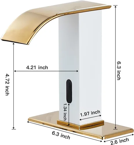 Vista 5 de Grifo automático para lavabo de baño sin contacto con cascada blanca y dorada, sensor de movimiento electrónico con tapón de drenaje desplegable