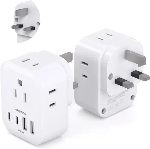 Vista 13 de HANYCONY - Paquete de 2 adaptadores de enchufe de viaje europeos, adaptador de corriente internacional de 4 tomas, 4 puertos USB C (2 USB C)