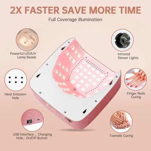 Vista 2 de Lámpara de uñas LED UV inalámbrica de 96 W, luz UV recargable para uñas de gel con 3 ajustes de temporizador, secador de uñas profesional de secado
