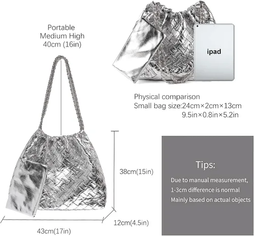 Vista 6 de Bolso de mano tejido para mujer, bolso de mano de cuero vegano, bolsos grandes con bolso, bolsa de hombro, estilo hobo casual