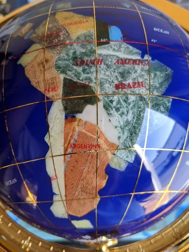 Vista 5 de Unique Art - Globo del mundo con piedra preciosa de lapislázuli azul de 10 x 6 pulgadas con trípode dorado