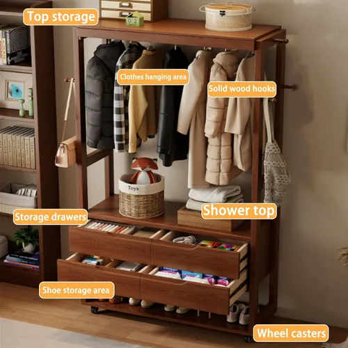 Vista 3 de Perchero de madera maciza, perchero móvil de 360°, perchero de gran capacidad con 4 cajones y un zapatero, perchero para entrada, dormitorio Natural