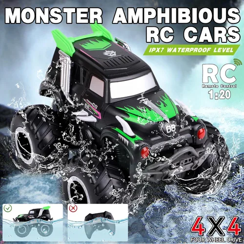 Vista 4 de Coches de control remoto anfibios, 1/20 Stunt RC Rock Crawler Monster Truck Toy con dos baterías recargables alternativas, vehículos todoterreno 4WD