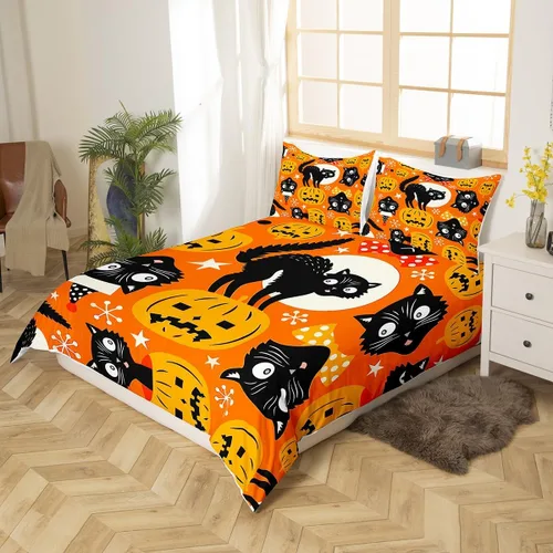 Vista 2 de Feelyou Funda de edredón de Halloween, tamaño individual, con 1 funda de almohada, decoración de Halloween, juego de ropa de cama con estampado