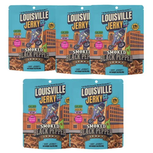 Vista 11 de Louisville Vegan Jerky - Carne vegana y vegetariana de pimienta negra ahumada, 0.67 oz de proteína de soja sin OMG, 310 calorías por bolsa