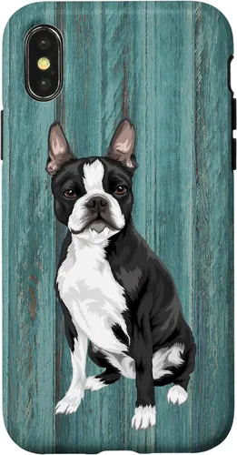 Vista 5 de Boston Terrier Faux Blue Wood Background Case for iPhone 17