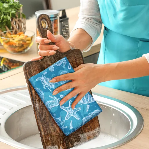 Vista 2 de Leinuosen Juego de 6 toallas de cocina de océano, decoración y accesorios de cocina, juego de guantes de horno y soportes para macetas, paños