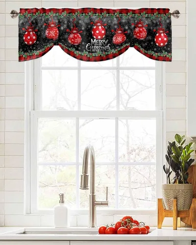 Vista 4 de Cenefa de cortina con lazo rojo de Navidad para ventanas, sala de estar, cocina, baño, granja, bolas de Navidad de acuarela con diseño de bayas