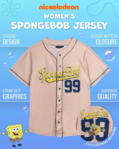 Vista 2 de Nickelodeon Camiseta de béisbol de Bob Esponja para mujer, camisa de uniforme de moda, camiseta con botones para mujer, S-L