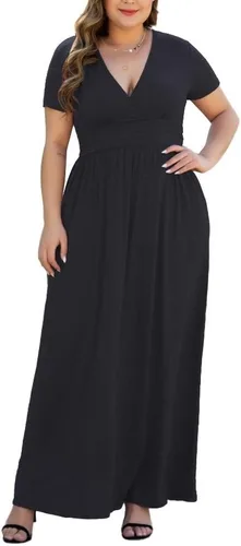 Vista 2 de Maxi vestido casual para mujer, diseño de manga corta con cuello en V y bolsillos, tallas L-5XL A01-negro