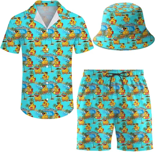 Vista 23 de Conjunto deportivo de 2 piezas para hombre, camisa hawaiana, pantalones cortos, camisa con botones y pantalones cortos con sombreros de pescador