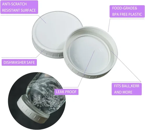 Vista 2 de Jumterlee Paquete de 9 tapas blancas para tarros Mason de boca regular con anillos de silicona, tapas de plástico para frascos, tapas de conservas