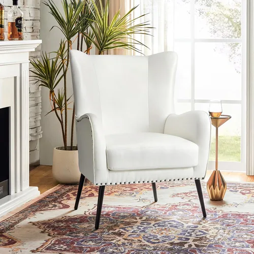 Vista 14 de HULALA HOME Silla decorativa de piel sintética con cojín extraíble, cómodo sillón tapizado con patas de metal negro y ribete de cabeza de clavo