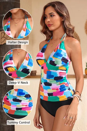 Vista 5 de Yonique Traje de baño con cuello en V y cuello halter para mujer, con control de abdomen