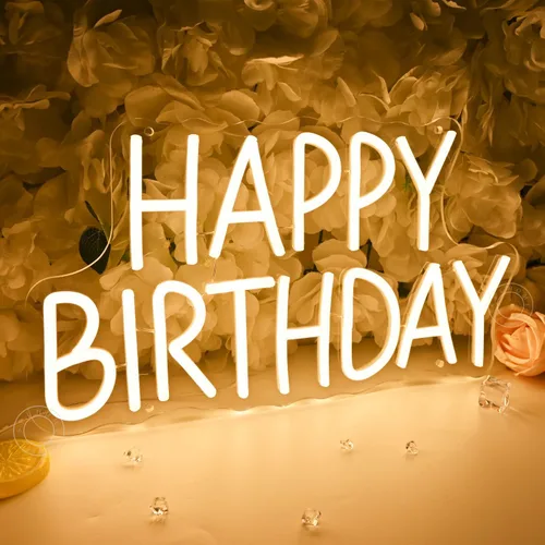 Vista 7 de SYLHOME Letrero de luz LED de neón con texto en inglés «Happy Birthday» para fiesta de cumpleaños, dormitorio, decoración de pared, pancarta, bar