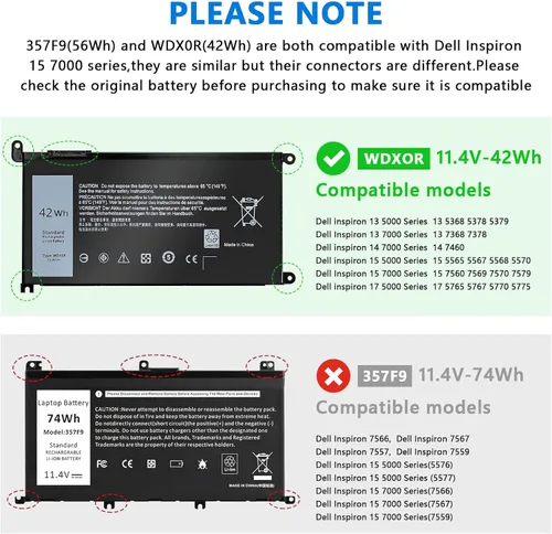 Vista 5 de WDX0R - Batería para portátil compatible con Dell Inspiron 13, 14, 15, 7000, 5000, Series 5379, 5567, 5570, 5579, 7378, 7573, 7579, Latitude 3500