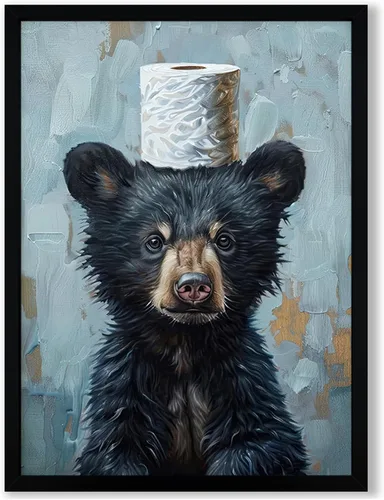 Vista 24 de Arte de pared de lienzo enmarcado para baño con oso negro tierno, decoración divertida para baño con animales, adorable oso con papel higiénico