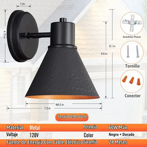 Vista 3 de Paquete de 2 Apliques de Pared para Exteriores - Luminarias de Pared para Exteriores Estilo Granja con Pantalla de Metal Martillado, Luz Negra