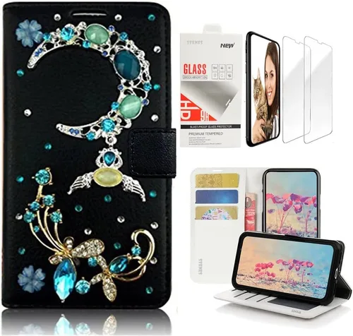 Vista 8 de Bling Wallet - Funda de cuero compatible con Samsung Galaxy A32 5G, elegante, diseño de corazón y corona hecha a mano en 3D con protector