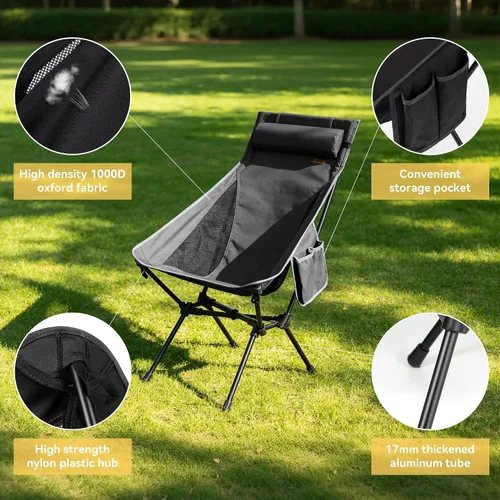 Vista 5 de TOBTOS Silla de camping portátil de respaldo alto, soporta 440 libras, silla plegable ultraligera con soporte para la cabeza, silla de mochilero