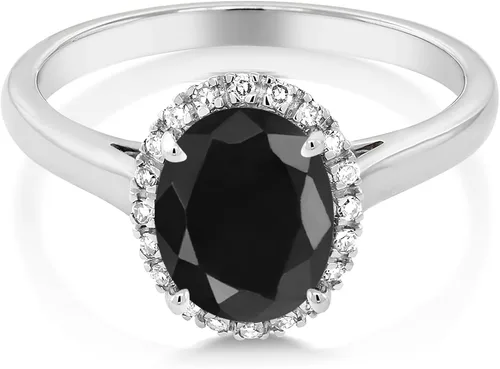 Vista 2 de Gem Stone King Anillo de compromiso de oro blanco de 10 quilates con zafiro negro para mujer ovalado de 254 quilates piedra natal de piedras