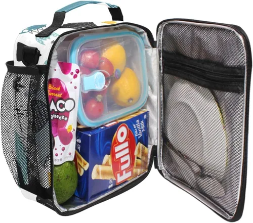 Vista 4 de OREZI Lonchera escolar infantil de dinosaurio para niños y niñas, bolsa de almuerzo aislada con correa ajustable, a prueba de fugas y duradera