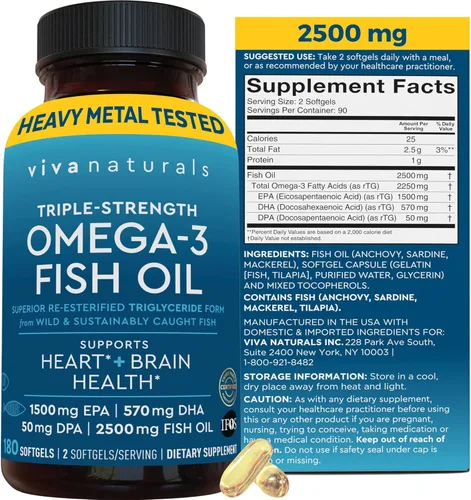 Vista 16 de Viva Naturals Aceite de Pescado Omega-3, Triple Fuerza, 2500 mg, 30 Cápsulas Blandas – Ácidos Grasos Omega 3 Re-Esterificados Incluyendo EPA, DHA