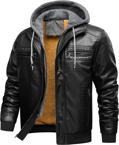 Vista 9 de INVACHI Men's Faux Leather Jacket, Motorcycle Bomber with Removable Hood Un negro