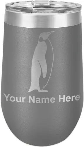 Vista 8 de LaserGram Vaso de vino de acero inoxidable de doble pared, pingüino, grabado personalizado incluido (negro)