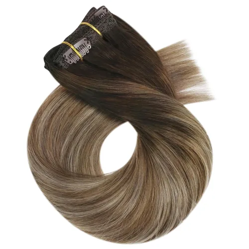 Vista 51 de Moresoo Extensiones de cabello humano con clip, balayage, color marrón oscuro a marrón dorado con clip, extensiones de cabello humano con clip, 5